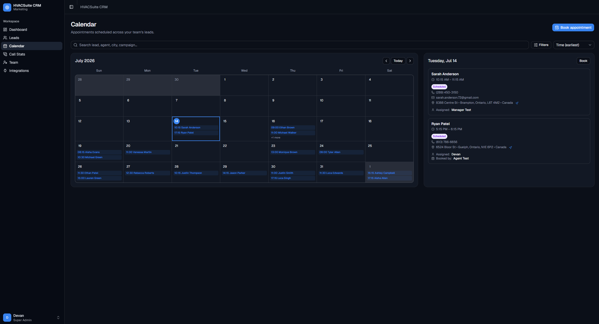 HVAC Suite CRM calendar view with scheduled appointments